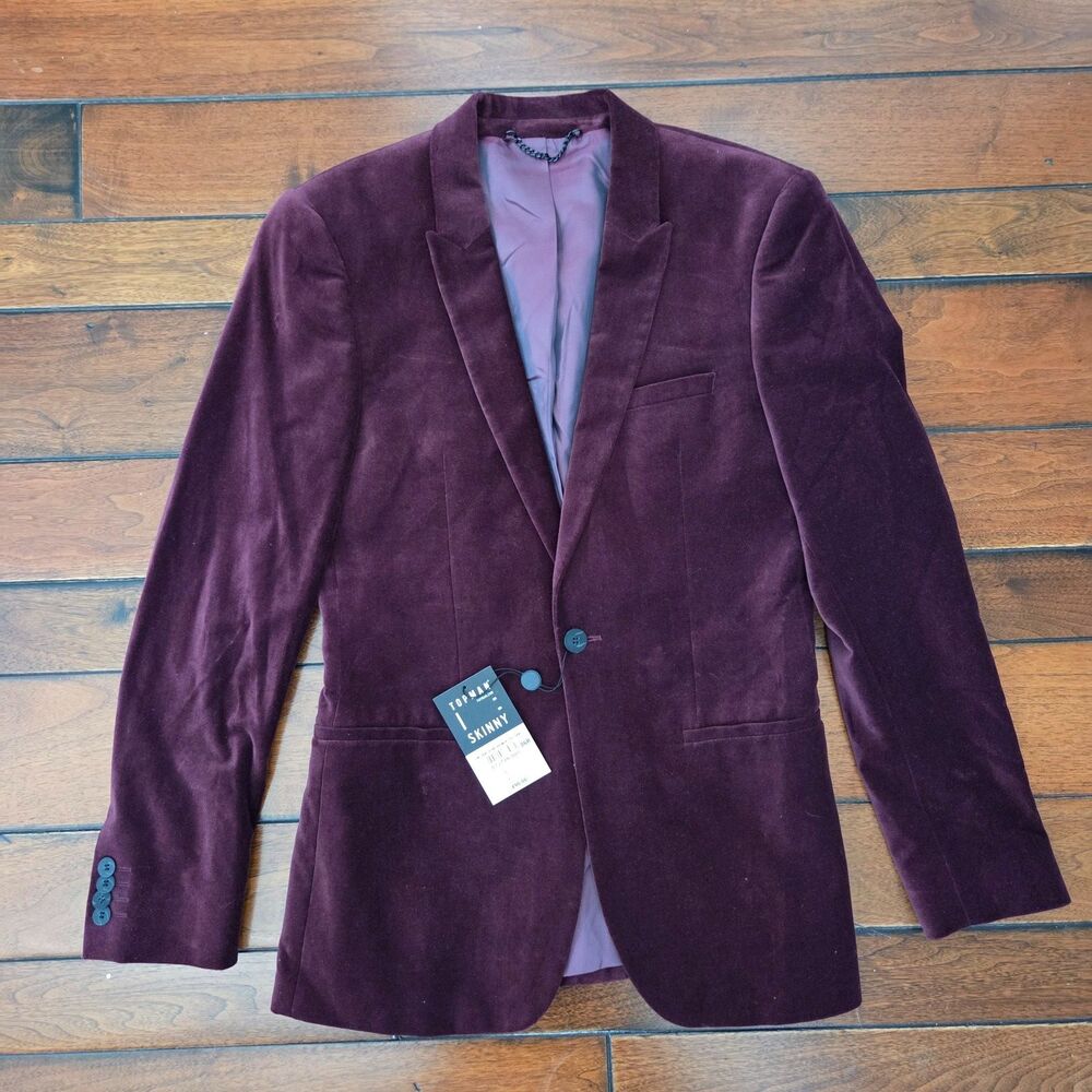 Topman Burgundy Velvet Blazer Mens 36R Skinny Fit Peak Lapel Dinner Jacket NWT